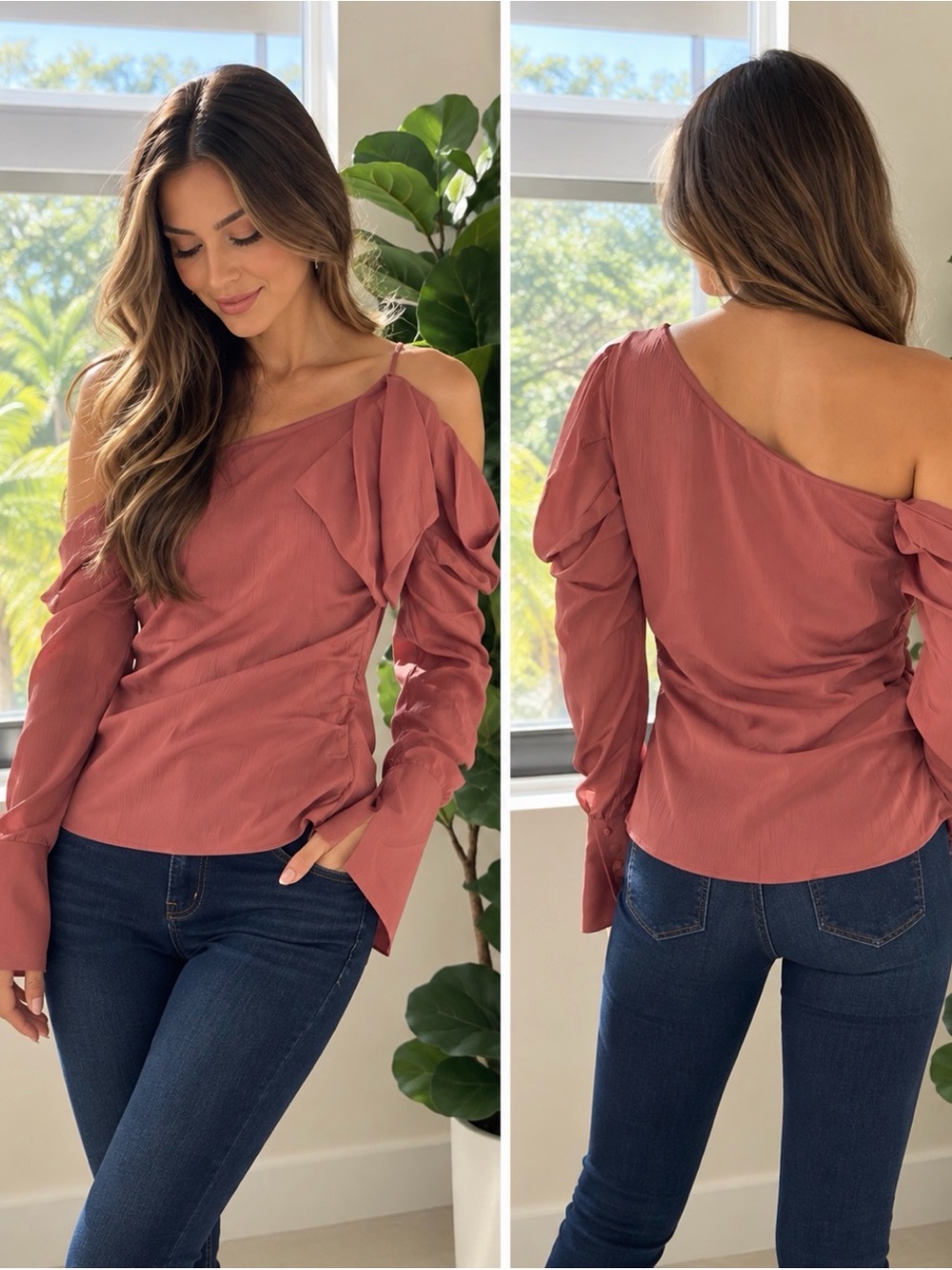 Lulumari NWT Mauve Dusty Rose Asymmetrical Ruffle Blouse Top M